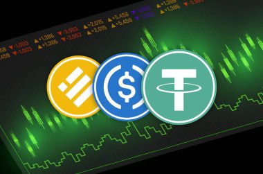 Bağlayıcı-usdt, USDC ve Binance usd-busd 'un şifreli para birimi görüntüleri. 3d illüstrasyon.