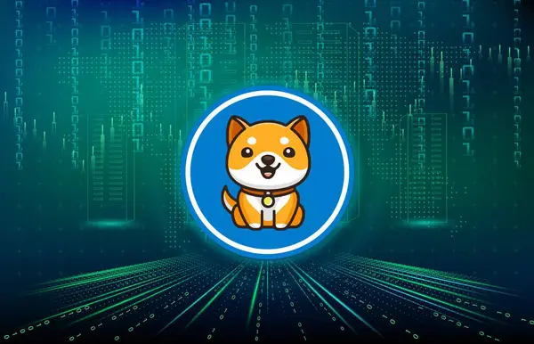 Bebek Doge renkli ışık arka planında sanal para birimi logosu. 3d illüstrasyon