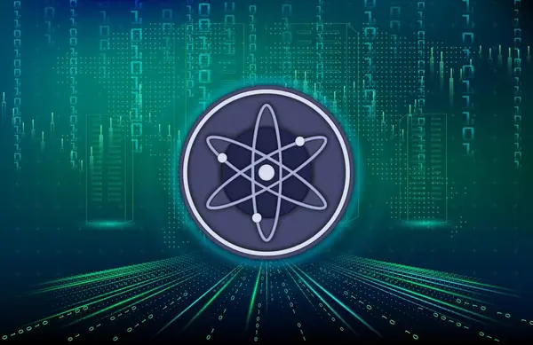 Dijital arkaplanda kozmos-atom kripto para birimi görüntüleri. 3d illüstrasyon.