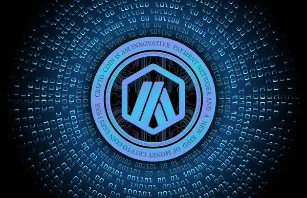 Arbitrum-yay sanal para biriminin dijital arkaplandaki görüntüsü. 3d illüstrasyon.