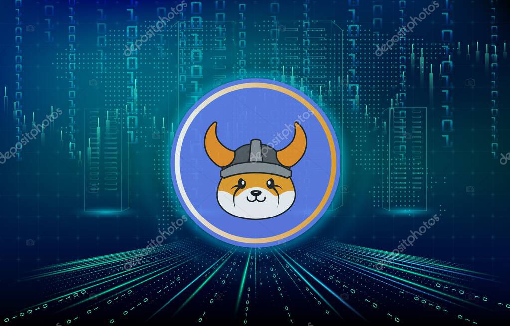 An image of the floki coin virtual currency on a digital background. 3d illustrations.