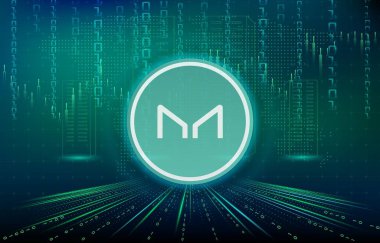 Dijital arka planda sanal para üreticisi-mkr madeni parasının bir görüntüsü. 3d illüstrasyon.