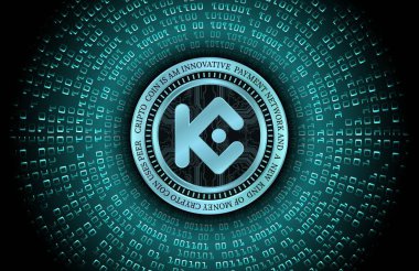 Dijital arkaplanda kucoin-kcs sanal para birimi resimleri. 3d illüstrasyon.