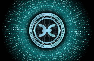 Gün batımında şehrin arka planında sanal kripto para birimi görüntüsü. 3d illüstrasyon.