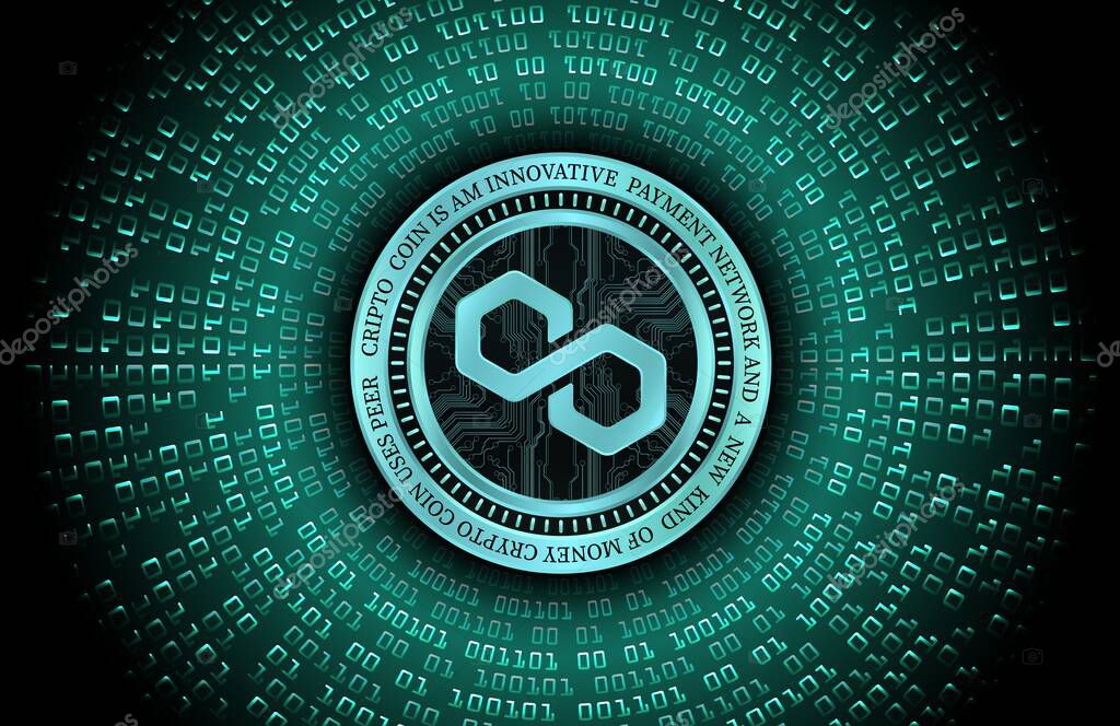 Polygon-matic cryptocurrency images on digital background. 3d illustration.