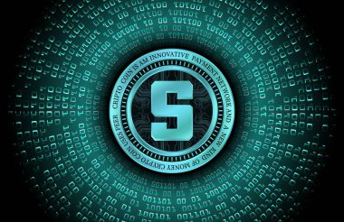  Soyut arka planda kum havuzu ve sanal para birimi logosu. 3d illüstrasyon.