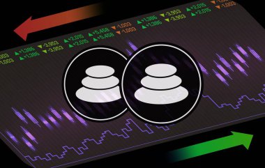 Dijital arkaplanda dengeleyici-bal sanal para birimi görüntüsü. 3d illüstrasyon.