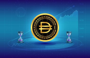 Dijital arkaplanda dai kripto para birimi resimleri. 3d illüstrasyon.