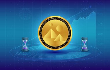 Image of decetraland-mana virtual currency on digital background. 3D drawings. clipart