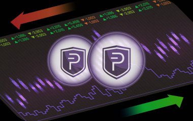 Dijital arkaplanda Pivx kripto para birimi resimleri. 3d illüstrasyon.