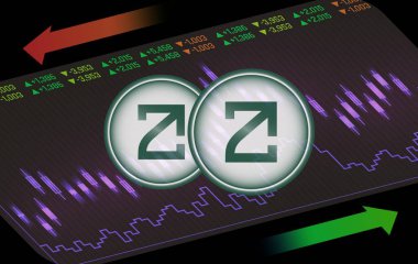 Soyut arkaplanda zetachain-zeta kripto para birimi logosu çizimleri. 3d illüstrasyon.