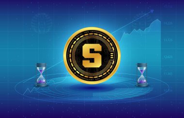  Soyut arka planda kum havuzu ve sanal para birimi logosu. 3d illüstrasyon.