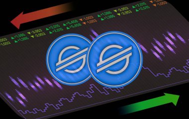 Dijital arkaplanda yıldız-xlm şifreli para birimi resimleri. 3d illüstrasyon.