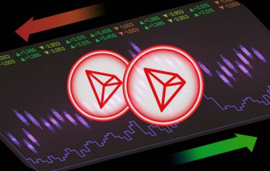 Dijital arkaplanda tron-trx kripto para birimi görüntüleri. 3d illüstrasyon.