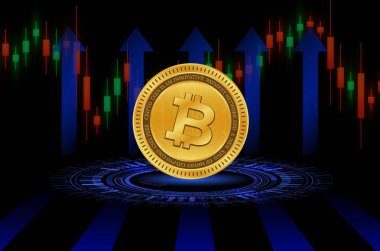 Dijital arkaplandaki bitcoin-btc logosunun görüntüleri. 3d illüstrasyon.