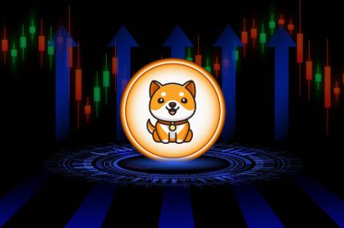 Bebek Doge dijital arka planda şifreli para birimi logoları. 3d illüstrasyon.