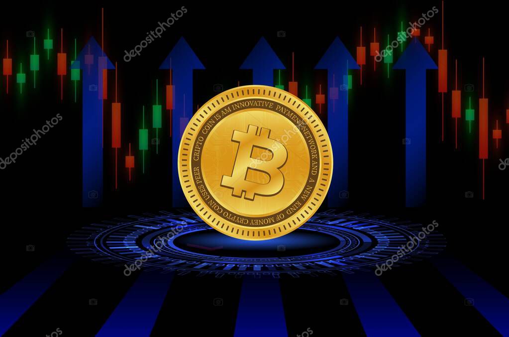 Images of the bitcoin-btc logo on a digital background. 3d illustrations.