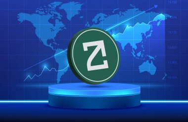 Soyut arkaplanda zetachain-zeta kripto para birimi logosu çizimleri. 3d illüstrasyon.