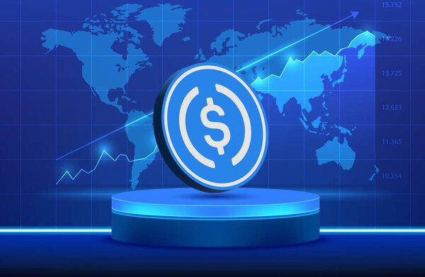 Изображения виртуальной валюты USDC на цифровом фоне. 3d иллюстрации.