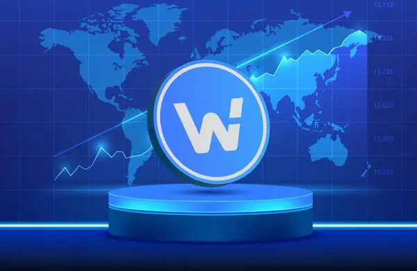 stock image woo network virtual currency images on digital background. 3d illustrations.