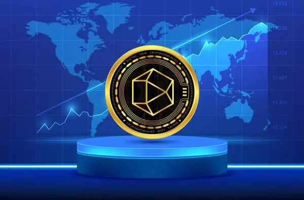 stock image polyhedra-zkj cryptocurrency logos on digital background. 3d illustrations.