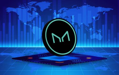 Dijital arka planda sanal para üreticisi-mkr madeni parasının bir görüntüsü. 3d illüstrasyon.