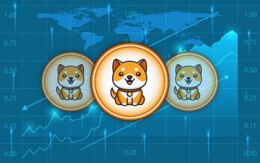 Bebek Doge dijital arka planda şifreli para birimi logoları. 3d illüstrasyon.