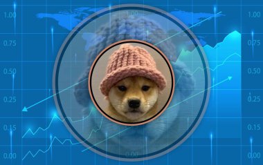 dogwifhat-wif cryptocurrency logos on digital background. 3d illustrations. clipart