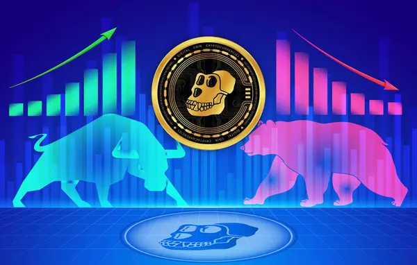 stock image Image of apecoin virtual currency on a digital background. 3d illustration.