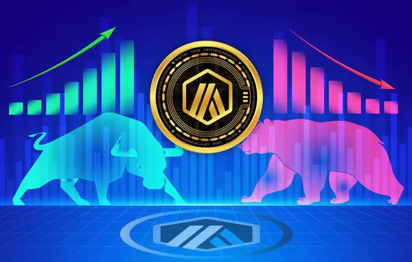 stock image an image of the arbitrum-arb virtual currency on a digital background. 3d illustrations.