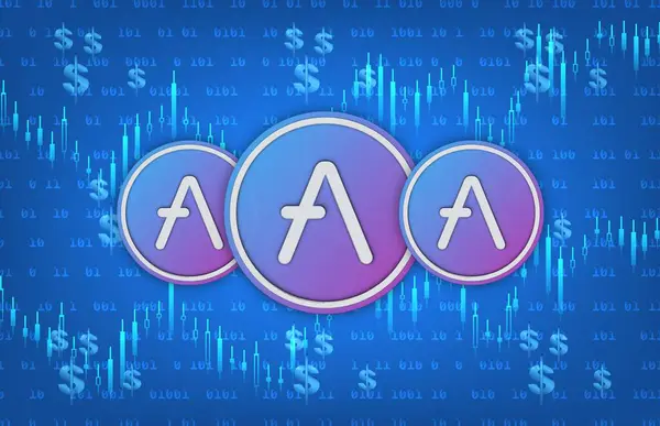 stock image AAVE virtual currency images on digital background. 3d illustration