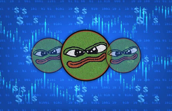 Книга meme-bome криптовалютных логотипов на цифровом фоне. 3d иллюстрации.