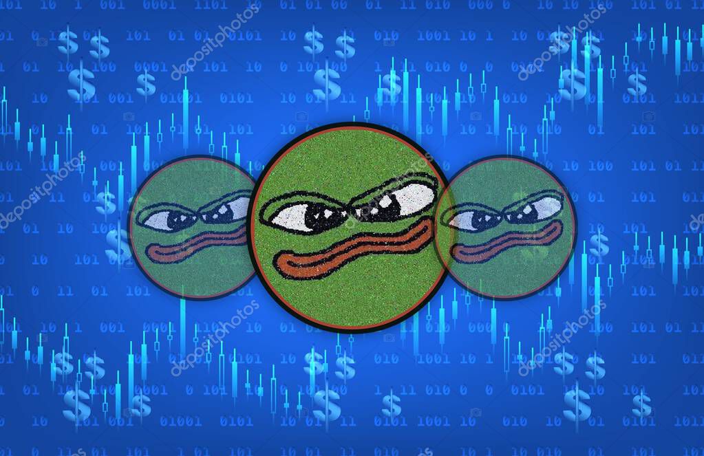 Book of meme-bome cryptocurrency logos on digital background. 3d illustrations.