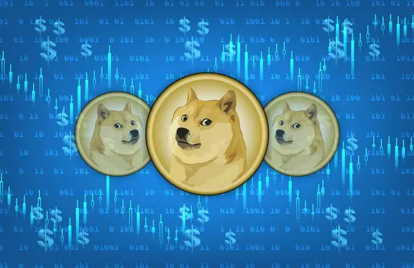 stock image images of dogecoin-dog crypto currency on digital background. 3d illustrations.