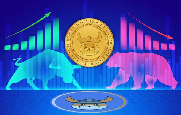 stock image an image of the floki coin virtual currency on a digital background. 3d illustrations.