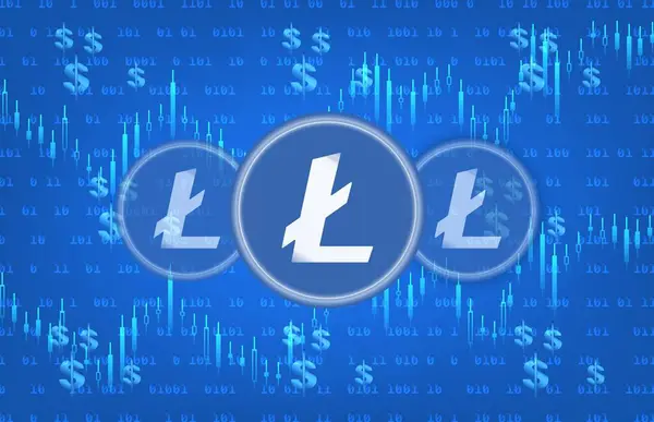 stock image Litecoin-ltc cryptocurrency logos on digital background. 3d illustrations.