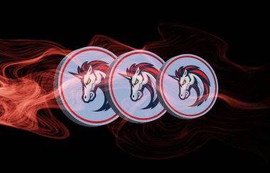 5 cm 'lik ağ ve dijital arkaplanda bozuk para logosu görüntüsü. 3d illüstrasyon.