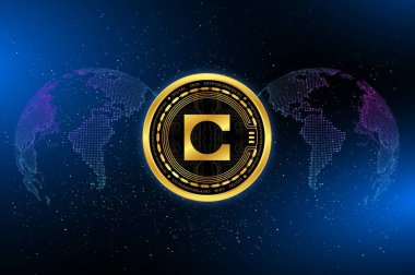 Dijital arkaplanda çello kripto para birimi logosu resimleri. 3d illüstrasyon.