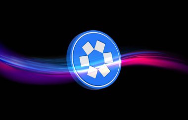 Dijital arkaplanda omni ağ-omni şifreli para birimi logoları. 3d illüstrasyon.