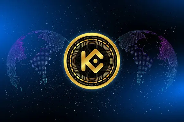 stock image kucoin-kcs cryptocurrency images on digital background. 3d illustrations.