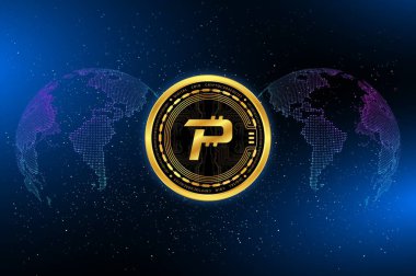 Dijital arkaplanda kripto para birimi logoları var. Pascal-Pasc madeni parası. 3d illüstrasyon.