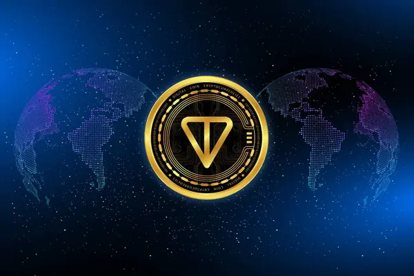 stock image toncoin-ton virtual currency images on digital background. 3d illustrations.