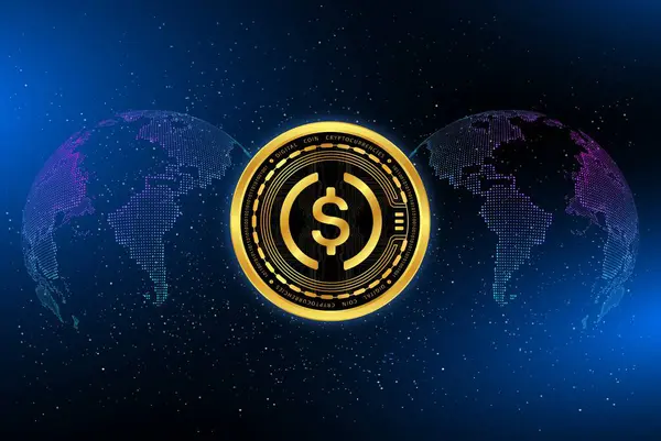 stock image USDC virtual currency images on digital background. 3d illustrations.