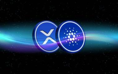 cardano-ada  and  ripple-xrp virtual currency logo. 3d illustrations.