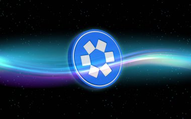 Dijital arkaplanda omni ağ-omni şifreli para birimi logoları. 3d illüstrasyon.