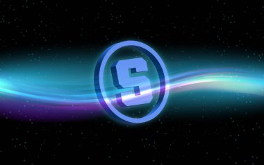  Soyut arka planda kum havuzu ve sanal para birimi logosu. 3d illüstrasyon.