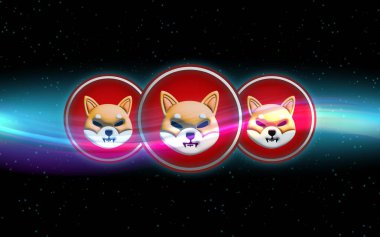Shiba inu-shiba şifreli para birimi logoları dijital arkaplanda. 3d illüstrasyon.
