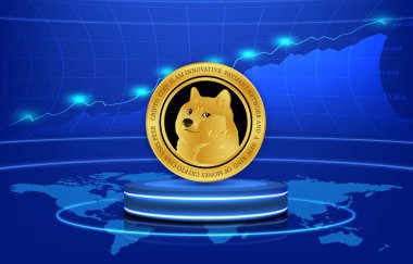 Dijital arkaplanda dogecoin-dog kripto para biriminin görüntüleri. 3d illüstrasyon.