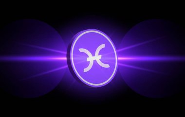 Gün batımında şehrin arka planında sanal zincir şeklinde şifrelenmiş para görüntüsü. 3d illüstrasyon.