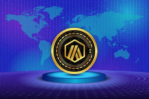 stock image an image of the arbitrum-arb virtual currency on a digital background. 3d illustrations.